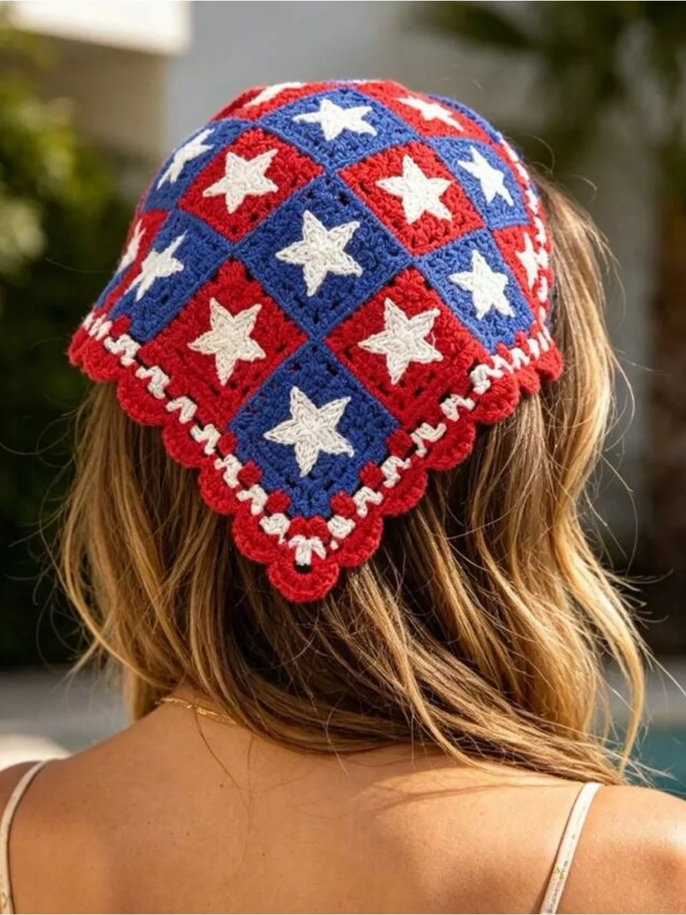 NWOT Red Blue White Crochet Star Bandana Scarf, Summer Hair Accessories, OS